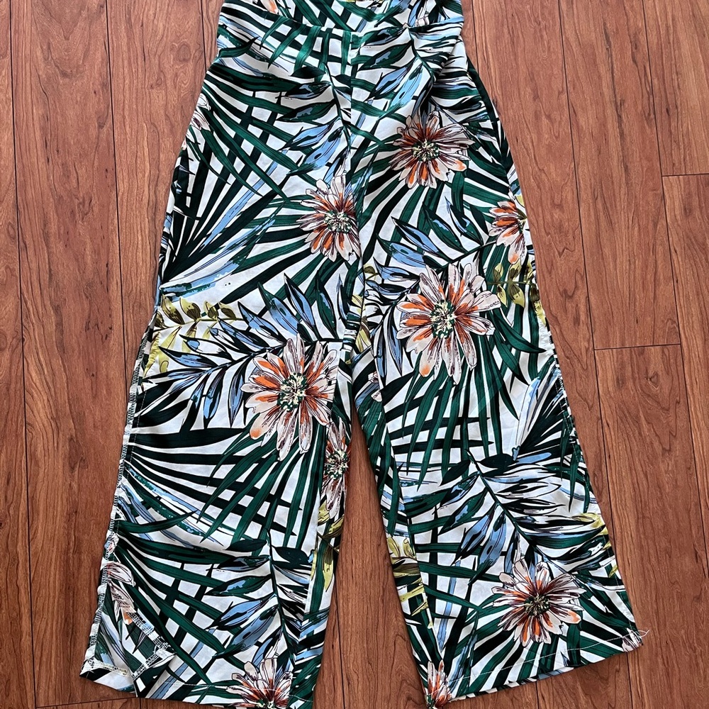 SHEIN Green Floral Wide Leg Pants